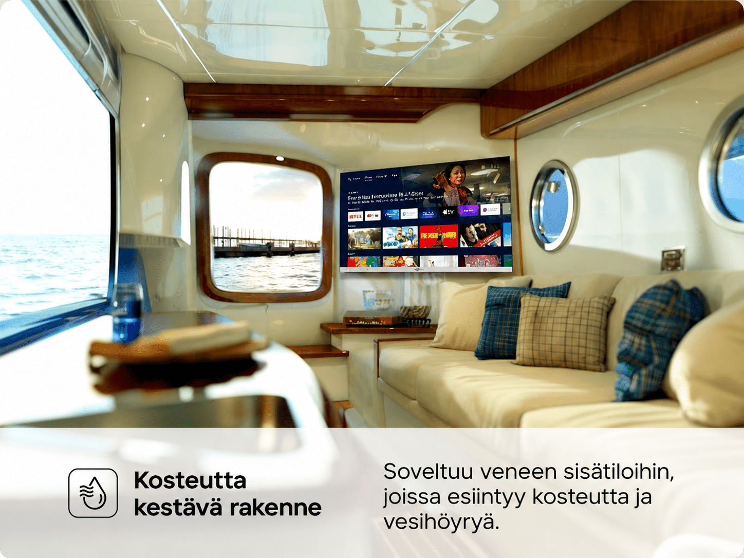 Sylvox Marina 22 kosteutta kestävä vene-TV asennettuna kajuutan sisätilaan.