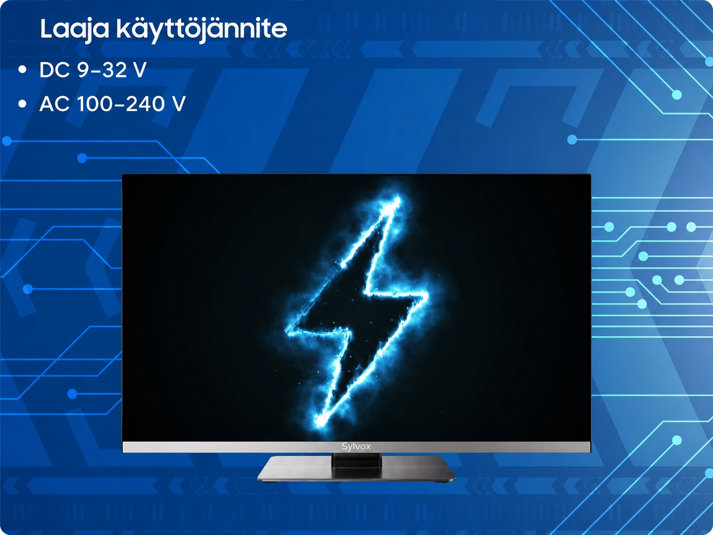 Sylvox Marina 22 television laaja DC 9–32 V ja AC 100–240 V käyttöjännite.