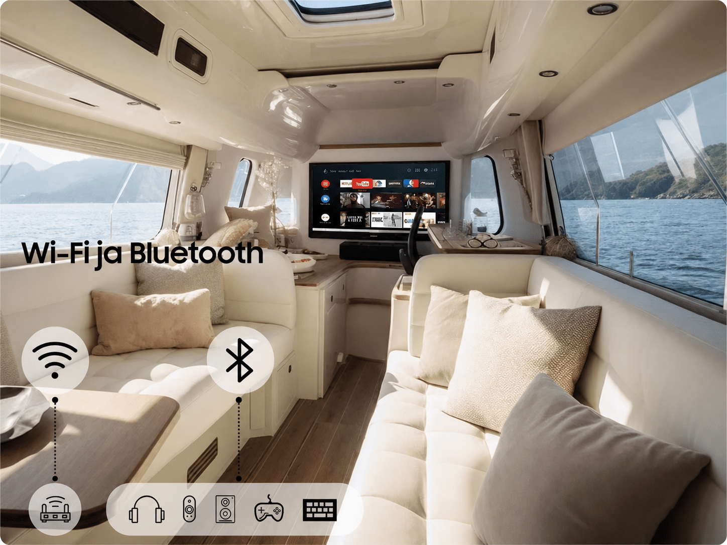 Sylvox Marina 22 television Wi-Fi- ja Bluetooth-yhteydet veneen sisätilassa.