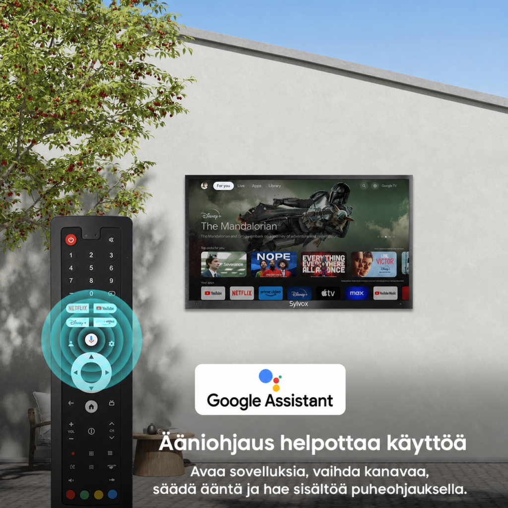 Sylvox Porch Pro 2.0 Google Assistant -ääniohjauksen ja kaukosäätimen esittelykuvassa.