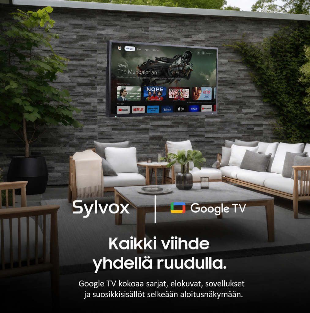 Sylvox Porch Pro 2.0 Google TV ulkotilan seinäasennuksessa.