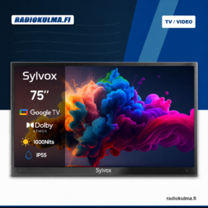 Sylvox Porch Pro 2.0 75 tuuman 4K Google Terassi TV etupuolelta kuvattuna.
