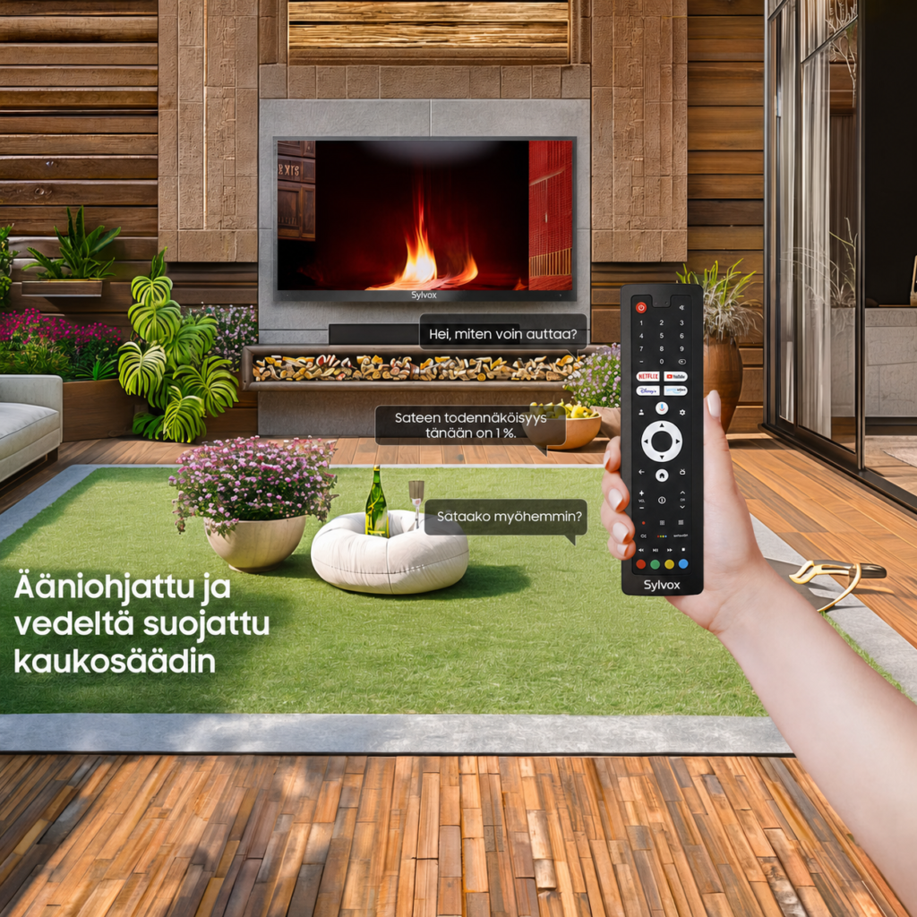 Sylvox Pergola Pro 2.0 Google TV:n ääniohjauksen ja kaukosäätimen esittelykuvassa.