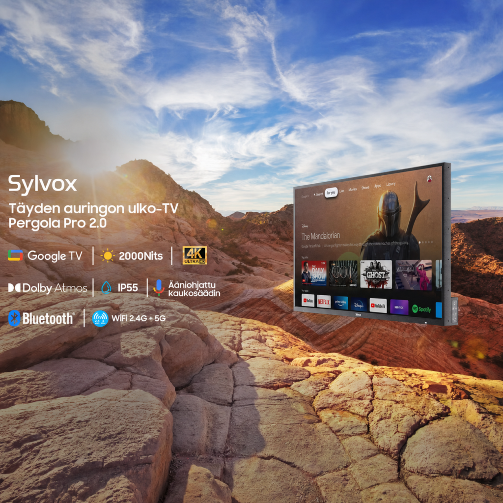 Sylvox Pergola Pro 2.0 Full Sun -ulko-TV 2000 nitin kirkkauden esittelykuvassa.
