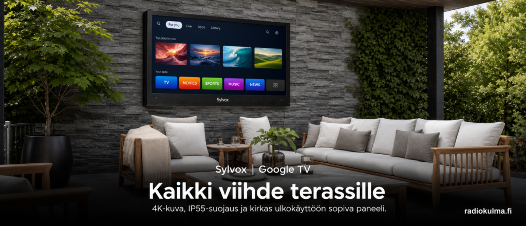 Sylvox terassi-TV:t mökille, kotiin ja ulkotiloihin 1 Sylvox terassi-TV seinälle asennettuna katetulla ulkoterassilla Google TV -käytössä.