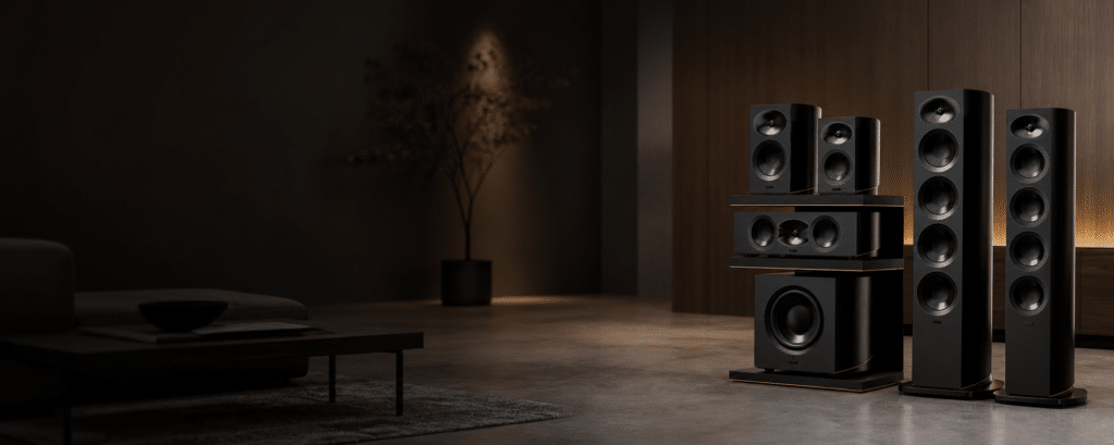 Radiokulma Verkkokauppa - Etusivu 3 Arcam Radia -kaiutinsarja olohuoneessa: lattiakaiuttimet, jalustakaiuttimet, keskikaiutin ja subwoofer.