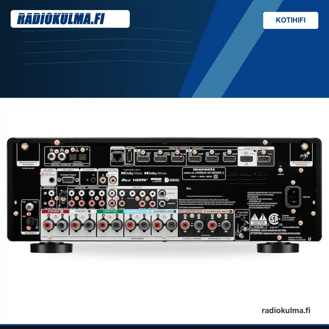 Marantz CINEMA 60 SERIES 2 musta AV-viritinvahvistin takapaneeli liitäntöineen.