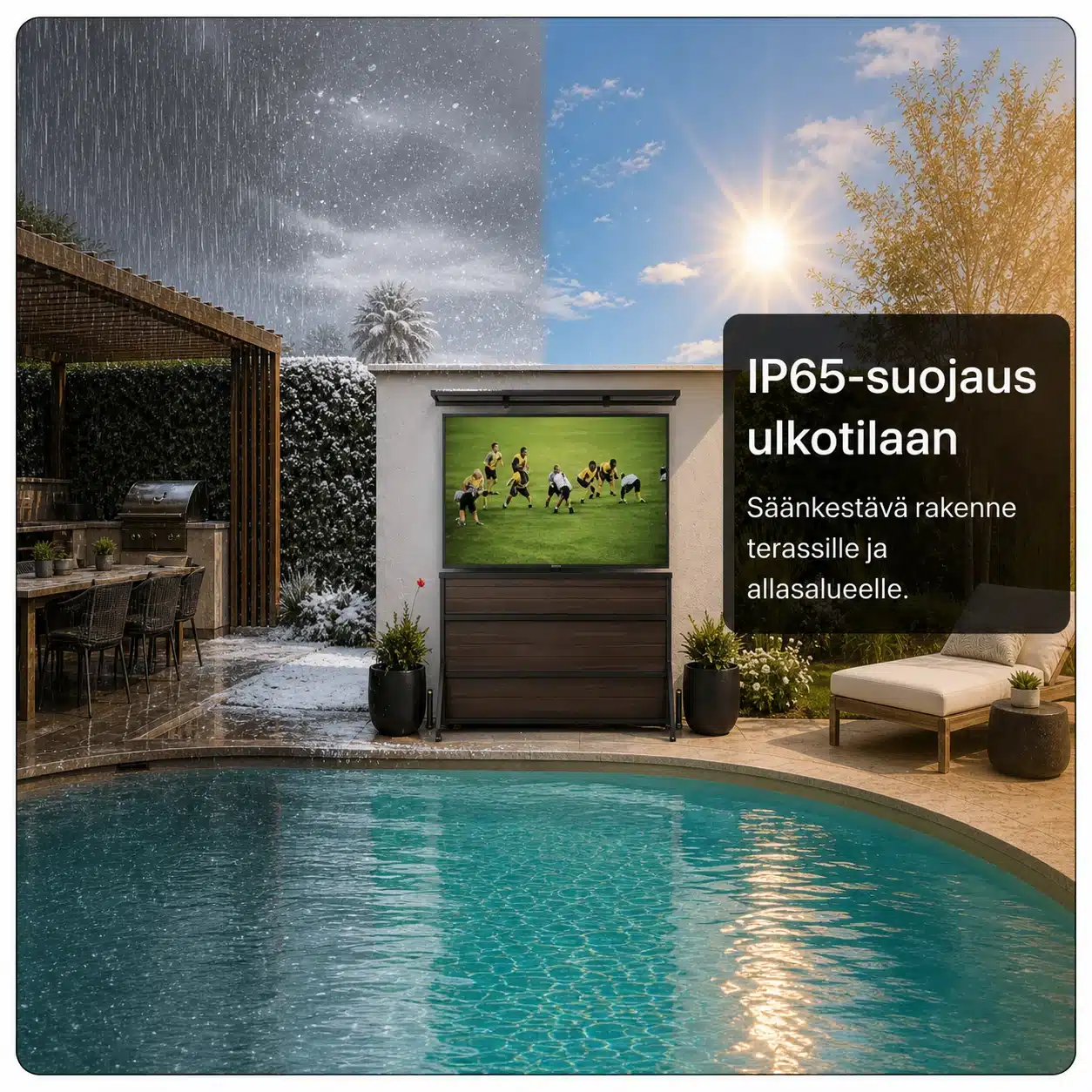 Sylvox IP65-suojattu ulko-TV:n nostokaappi terassille ja allasalueelle.