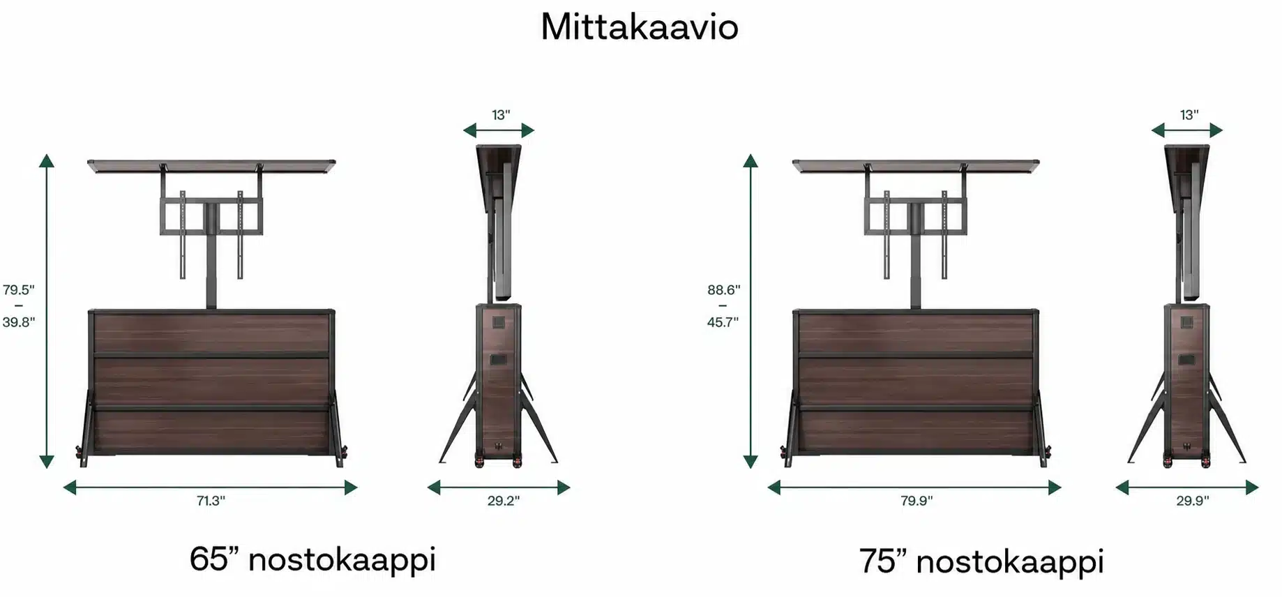 Sylvox 65 ja 75 tuuman ulko-TV:n nostokaappien mittakaavio.