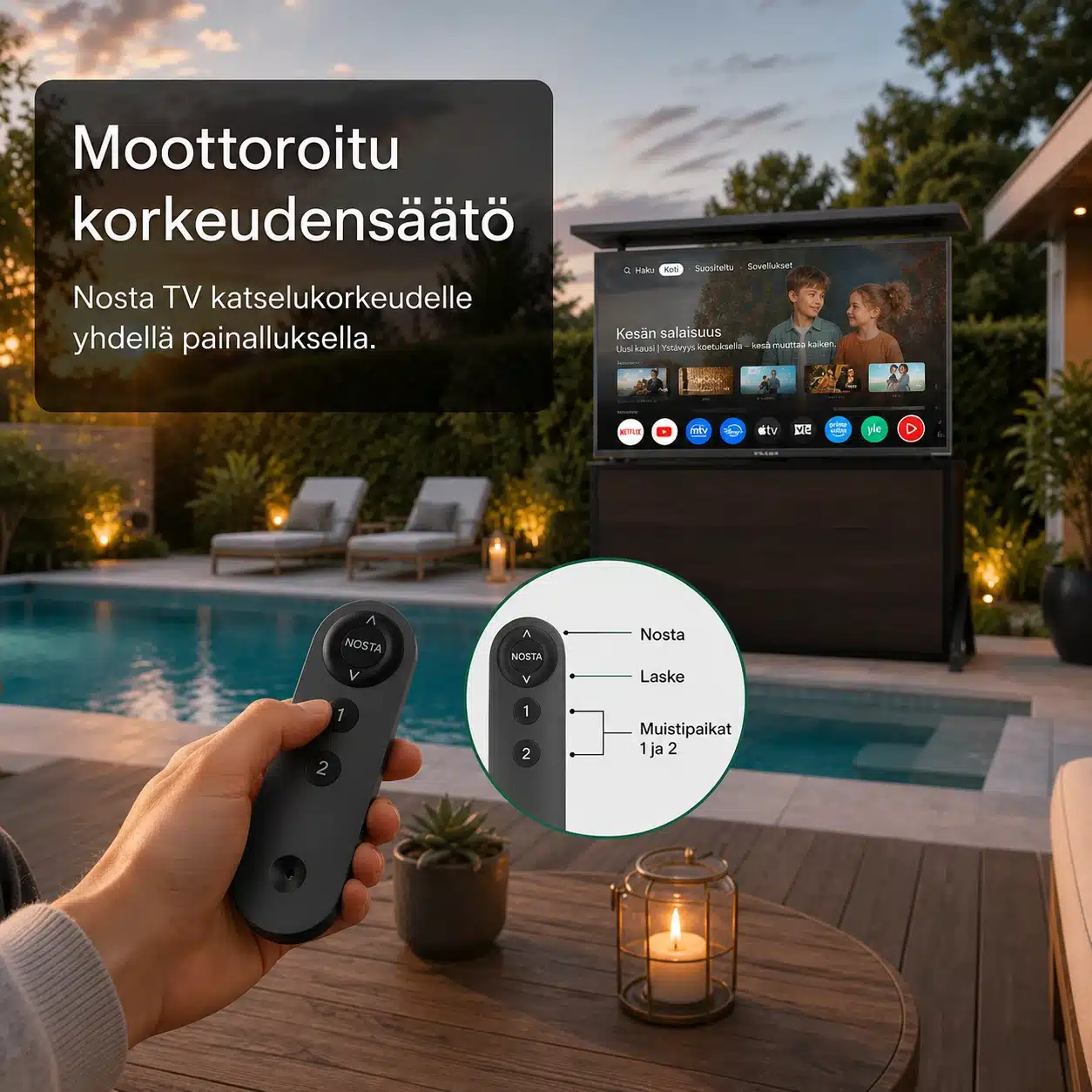 Sylvox ulko-TV:n nostokaapin moottoroitu korkeudensäätö kaukosäätimellä.