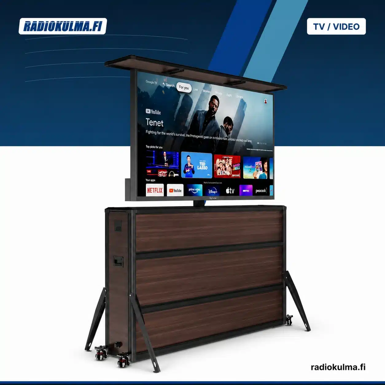 Sylvox moottoroitu säänkestävä ulko-TV:n nostokaappi TV nostettuna katselukorkeudelle.