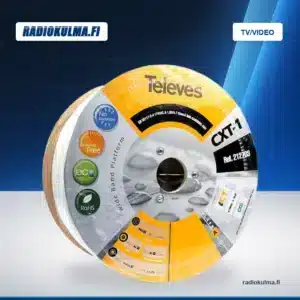 "Televes A luokan RG6 sisäasennuskaapeli, CPR luokka Eca, PVC-vaippa, valkoinen, 250m kela, 75ohm, 1.0/4.7/6.7mm, 17.0dB/100m/800MHz, CCS sisäjohdin, Al/Pet - AL punos 77%, suojausvaimennus SA:30-1000MHz ≥ 85dB Radiokulman TV/Video-tuotekuvapohjassa.