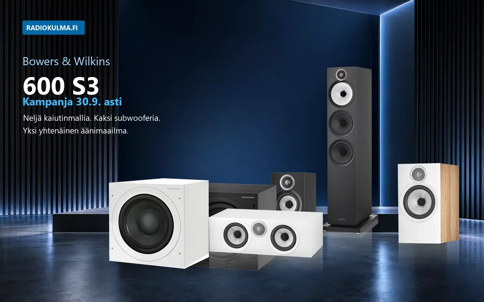 Bowers & Wilkins 600S3 kampanja 1 Bowers & Wilkins 600 S3 -kaiuttimia ja ASW-subwoofereita tummassa kuuntelutilassa