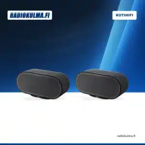 Kaksi mustaa Denon Home 600 -kaiutinta vierekkäin etuviistosta kuvattuna Radiokulman brändipohjalla.