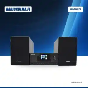 Musta Panasonic SC-PM112E-K -mikrostereosarja ja kaksi kaiutinta edestä kuvattuna.
