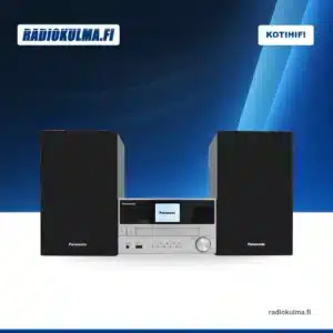 : Panasonic SC-PM302E-S -mikrostereosarjan hopeinen keskusyksikkö ja kaksi mustaa kaiutinta edestä.