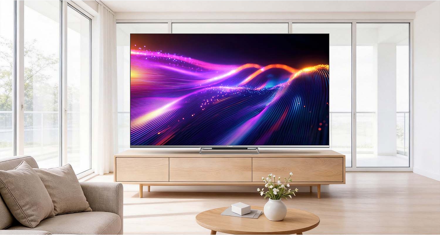 Panasonic W97 C - QD Mini LED Google TV mallisto 1 Panasonic W97C -sarjan QD-Mini LED -televisio valoisassa modernissa olohuoneessa
