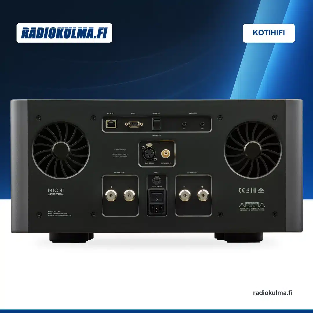 Michi M8 -monopäätevahvistin takaa, RCA- ja XLR-tulot, kaksi kaiutinliitinparia ja ohjausliitännät näkyvissä.