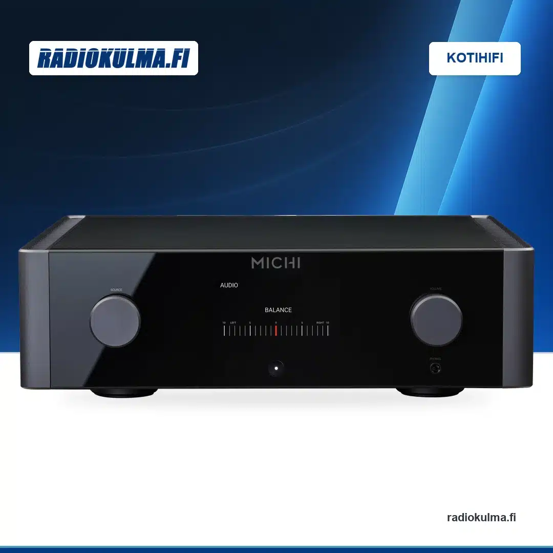 Musta Rotel Michi P5 Series 2 -esivahvistin edestä yläviistosta, näytössä kanavatasapainon säätö.