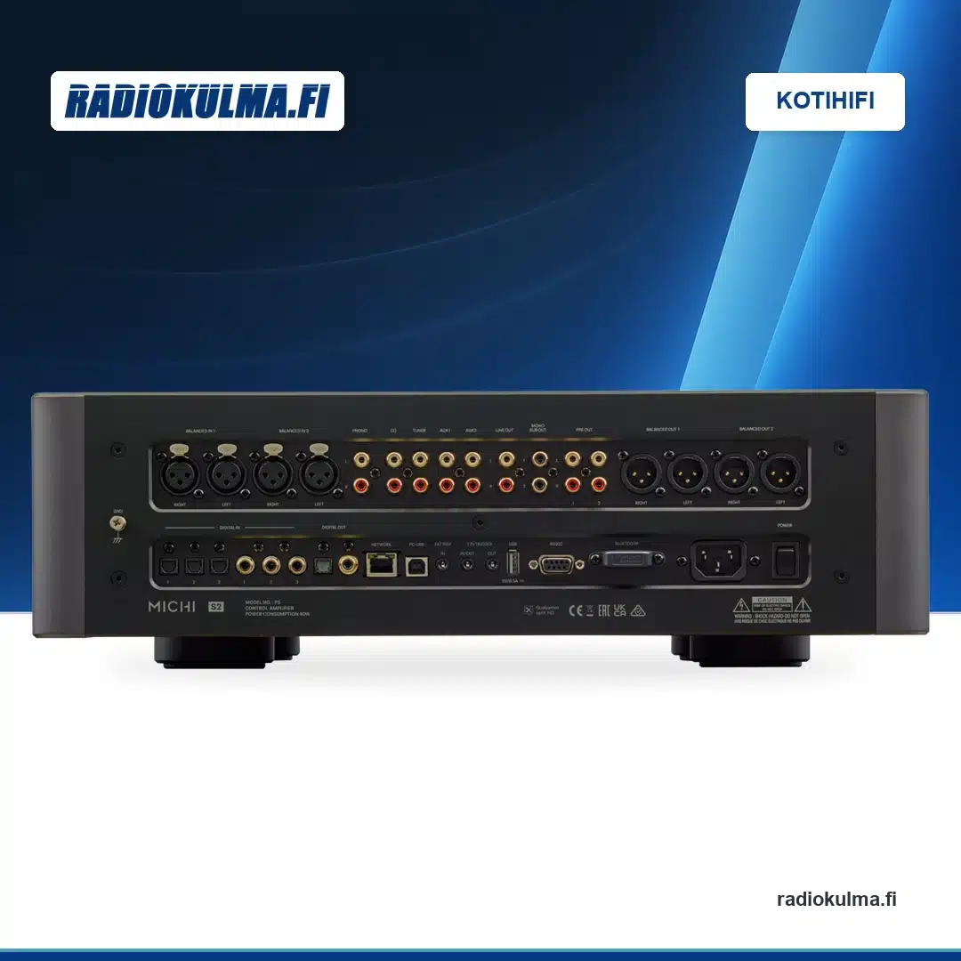 Rotel Michi P5 Series 2 -esivahvistimen takapaneeli, analogiset ja digitaaliset liitännät sekä S2-mallimerkintä näkyvissä.