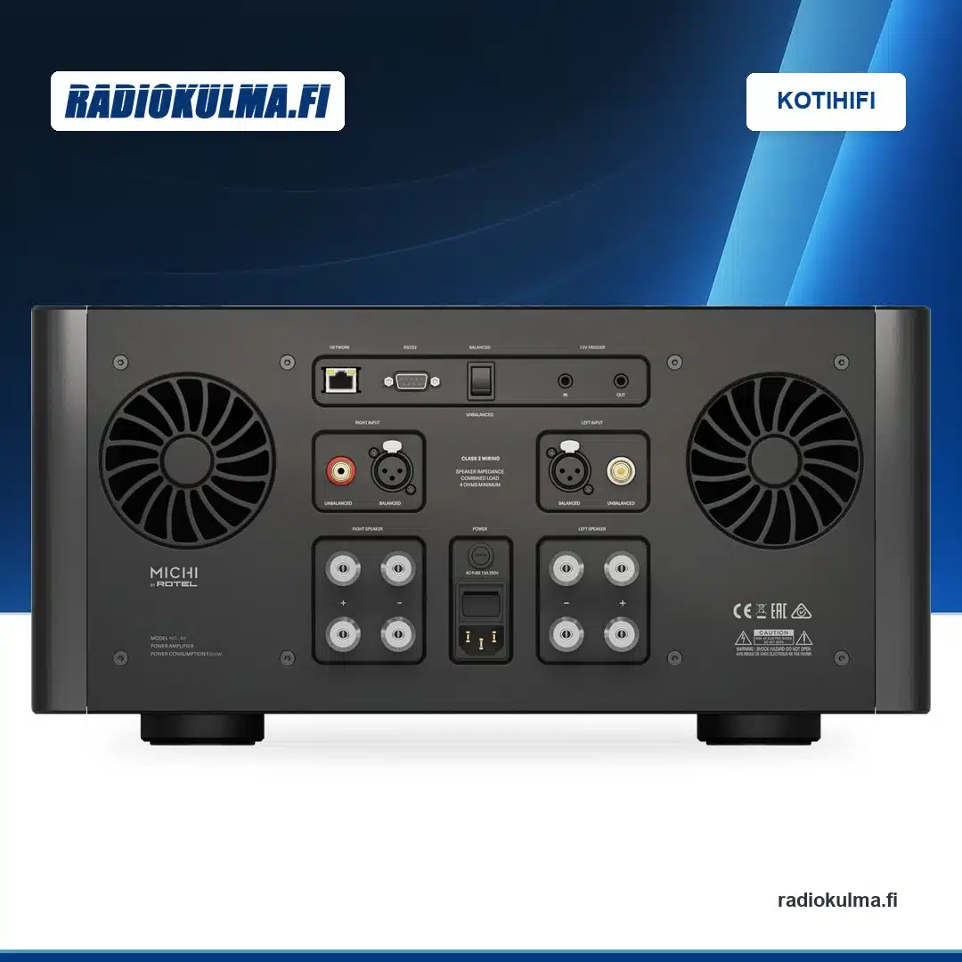 Michi S5 -stereopäätevahvistin takaa, RCA- ja XLR-tulot, kahden kanavan kaiutinliittimet ja ohjausliitännät näkyvissä.