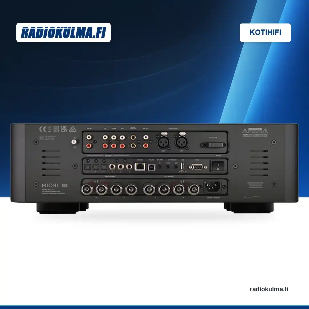 Musta Rotel Michi X3 Series 2 -stereovahvistin takaa kuvattuna, analogiset ja digitaaliset liitännät sekä kaiutinliittimet näkyvissä.