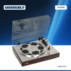Thorens TD 404 DD -levysoitin Walnut High Gloss -viimeistelyllä etuviistosta kuvattuna Radiokulma.fi-tuotekuvassa.