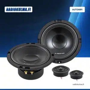 Radiokulma Verkkokauppa - Etusivu 17 AI-SONIC S2-W6.2 -midbassokaiutin etuviistosta, musta kartio ja kullatut liittimet