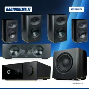 Arcam AVA15 -kotiteatteripaketti: kaksi R25- ja kaksi R15-kaiutinta, R35C-keskikaiutin sekä R25B-subwoofer.