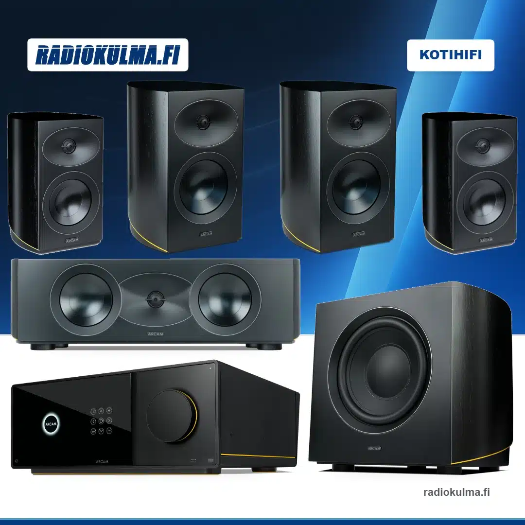 Arcam AVA15 -vahvistin, kaksi R25-etukaiutinta, kaksi R15-surroundkaiutinta, R35C-keskikaiutin ja yksi R25B-subwoofer Radiokulman Kotihifi-pohjalla.