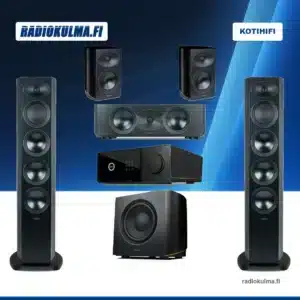 Arcam AVA25 -kotiteatteripaketti: kaksi R35-lattiakaiutinta, kaksi R15-kaiutinta, R35C-keskikaiutin ja R25B-subwoofer.