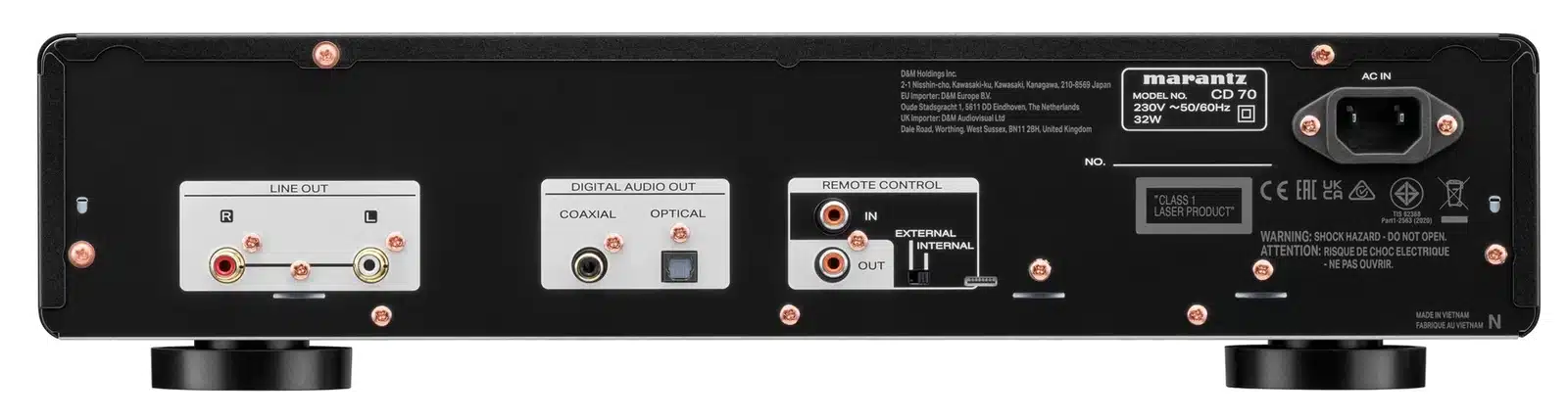 Mustan Marantz CD 70 -CD-soittimen takapaneeli, RCA-lähtö ja digitaaliset lähdöt.