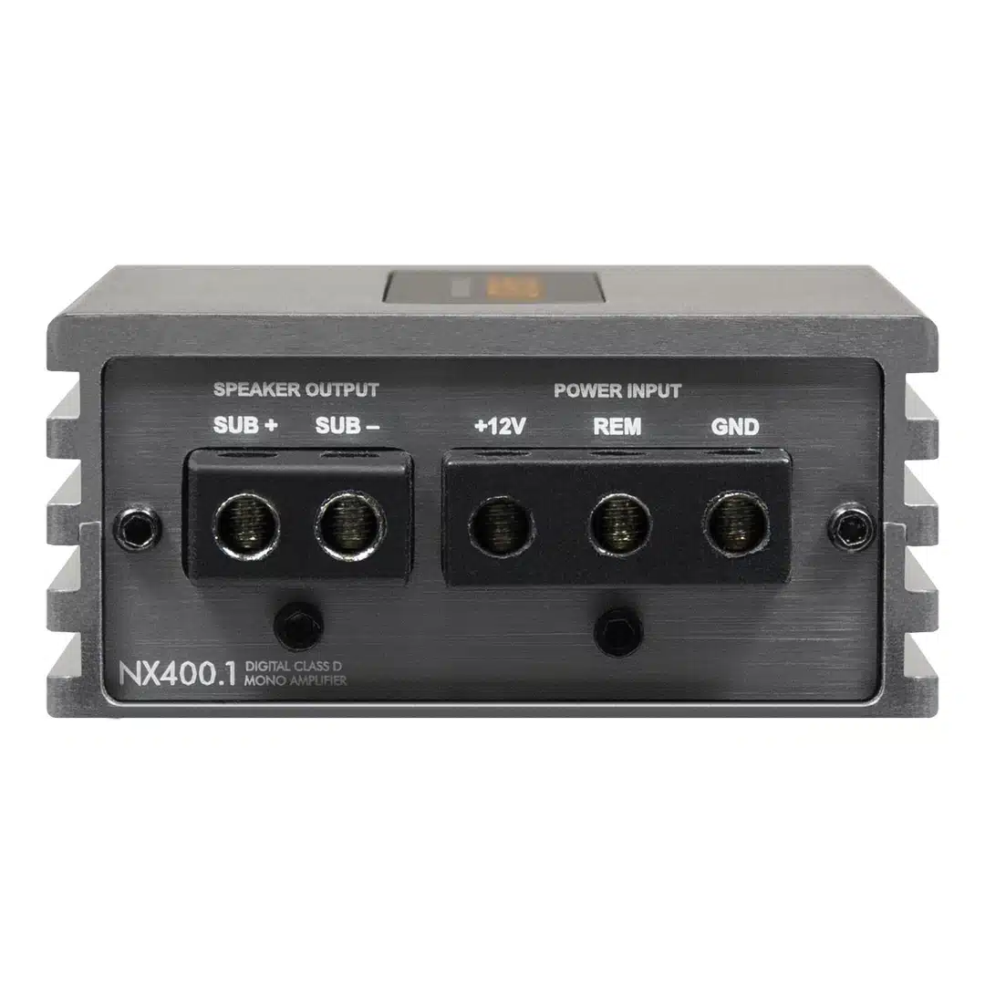 Musway NX400.1 liitinpuoli, virtasyöttö ja kaiutinliitännät