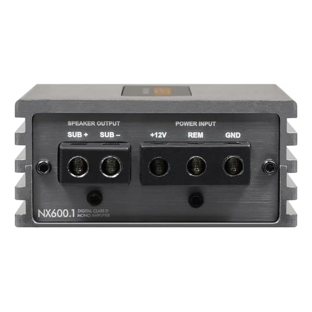 Musway NX600.1 liitinpuoli, virtasyöttö ja kaiutinliitännät
