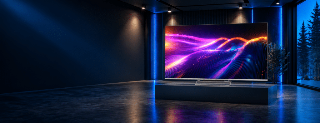 Radiokulma Verkkokauppa - Etusivu 2 Panasonic W97C QD-Mini LED -televisio sinisellä valaistussa esittelytilassa.