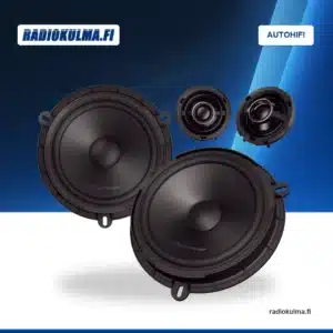 Pioneer TS-Q160C-FD -erillissarjan kaksi mustaa midbassokaiutinta ja kaksi diskanttikaiutinta Radiokulman Autohifi-taustalla.