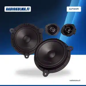 Pioneer TS-Q160C-RN -erillissarjan kaksi mustaa midbassokaiutinta ja kaksi diskanttikaiutinta Radiokulman Autohifi-taustalla.