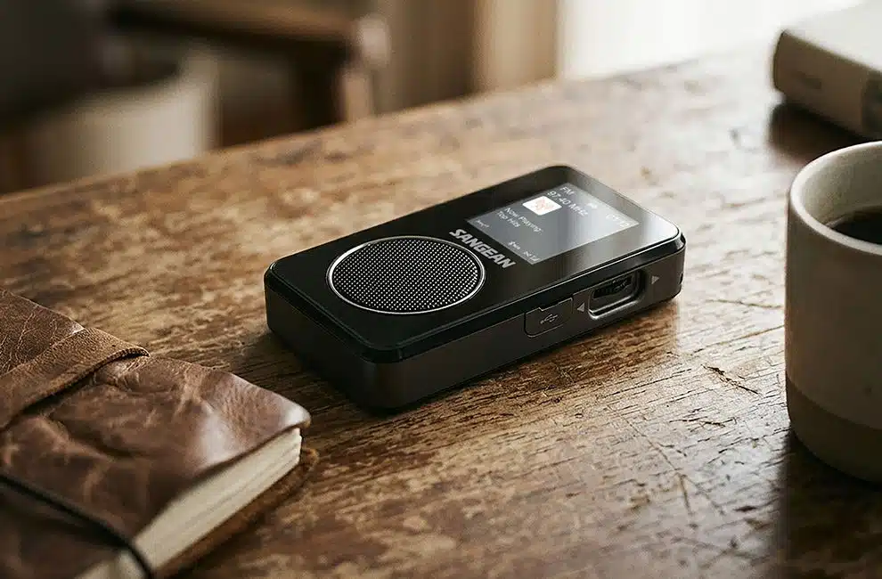 Sangean DPR-35BT -taskuradio puisella pöydällä kahvikupin ja muistikirjan vieressä