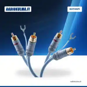 Supra Phono RCA -kaapelin kullatut RCA-liittimet ja maadoitusjohtimien haarukkaliittimet jäänsinisissä kaapeleissa.