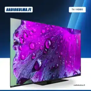 Toshiba 65XA9D63DG OLED-televisio jalustoineen etuviistosta kuvattuna.