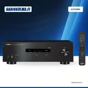 Musta Yamaha R-S202D -stereoviritinvahvistin ja kaukosäädin edestä kuvattuna.
