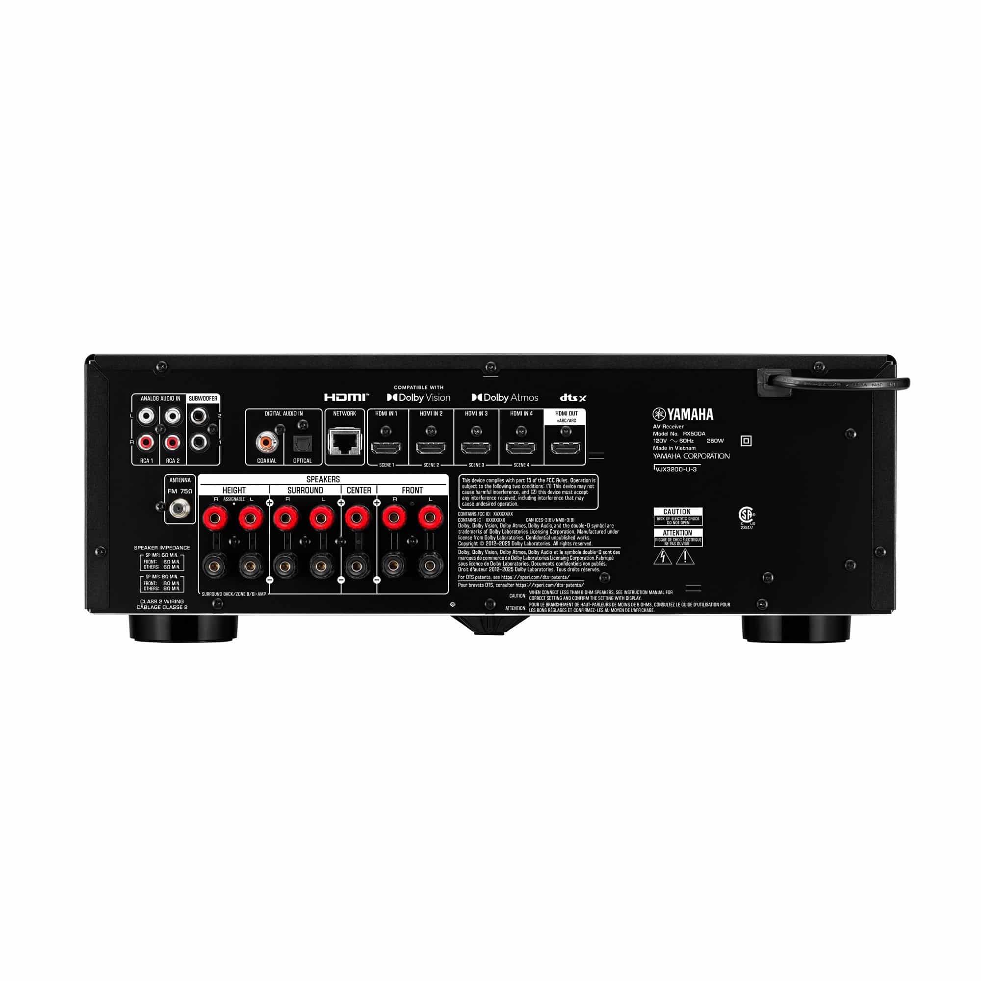 Yamaha RX500A:n USA-version takapaneeli, 120 V / 60 Hz